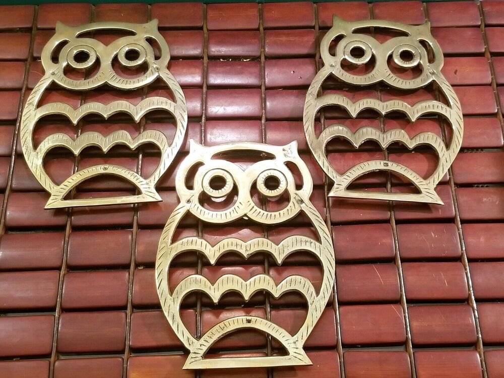 Set Of 3 Vintage Brass Owl Trivets 7.25"x5.25"